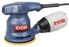 Ryobi\’s Random orbit sander RS241, 12,000 orbits per minute, accomplishes nice finish work, 2.4 amp motor, little vibration, comfortable to handle, comfortable to use, weighing 3 pounds, sanding pad, pressure sensitive sandpaper, accessory for hook-and-loop paper, dust collection system, cloth dust bag, spin control brake, vinyl power cord